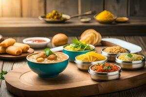 indian food on wooden table with bowls of food. AI-Generated photo