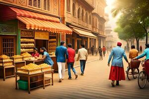 personas caminando abajo el calle en India. generado por ai foto