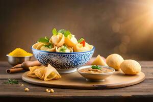 indian food with dumplings and sauce in bowl on wooden table. AI-Generated photo