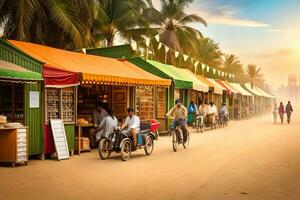 a street market with people on bikes and motorcycles. AI-Generated photo