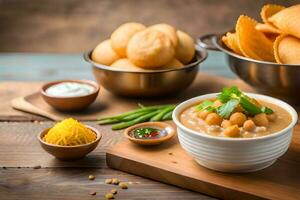 indian food with chickpeas and potatoes in bowls on a wooden table. AI-Generated photo