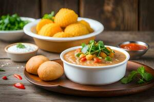 chicken curry with chickpeas and vegetables in a bowl on a wooden table. AI-Generated photo