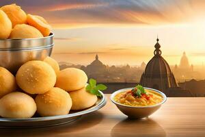 a bowl of food with bread balls on a table. AI-Generated photo