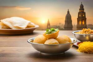 indian food in bowls with a view of the city skyline. AI-Generated photo