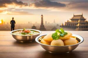 indian food in bowls with city view in background. AI-Generated photo