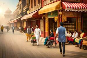 a street scene with people walking and shopping. AI-Generated photo