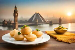 indian food in a plate with a view of big ben in the background. AI-Generated photo