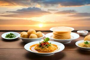 indian food on wooden table with sunset in background. AI-Generated photo