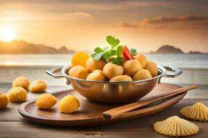 chinese fried dumplings in a bowl with chopsticks on a wooden table with sunset background. AI-Generated photo