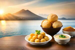 fried dough balls with honey and honey sauce on wooden table with mountain in background. AI-Generated photo