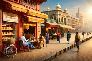 a scene of people walking along a boardwalk in front of a building. AI-Generated photo