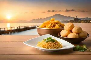 spaghetti and bread with a view of the lake at sunset. AI-Generated photo