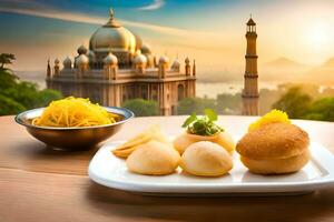 indian food in a plate with a view of the taj mahal in the background. AI-Generated photo