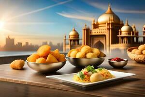 indian food in bowls on table with city in background. AI-Generated photo