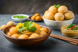 chinese fried balls in bowls with dipping sauce. AI-Generated photo