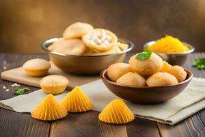 indian sweets in bowls on wooden table. AI-Generated photo