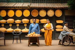 a man and woman standing in front of a store with baskets of food. AI-Generated photo