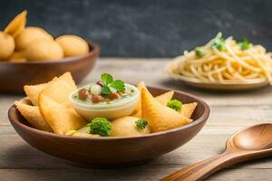 indio comida con picante salsa y vegetales en de madera bochas. generado por ai foto