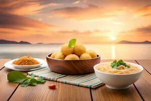 chinese food with rice and noodles on wooden table with sunset background. AI-Generated photo