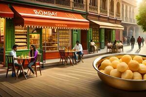 a bowl of food is sitting on a table in front of people. AI-Generated photo