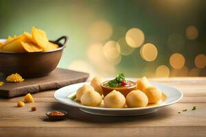 indio comida con papas fritas y empanadillas en de madera mesa. generado por ai foto