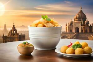indian food in a bowl and a plate on a table with a city in the background. AI-Generated photo