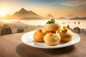 three dumplings on a plate with a view of the city. AI-Generated photo