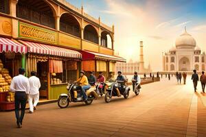 a group of people on motorcycles in front of a taj mahal. AI-Generated photo