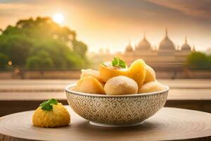 indian food in a bowl on a wooden table with a sunset in the background. AI-Generated photo