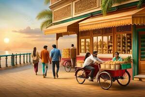 people walking by a shop with a cart and a bicycle. AI-Generated photo