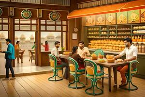 a rendering of a restaurant with people sitting at tables. AI-Generated photo