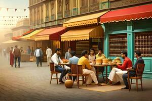 un pintura de personas sentado a mesas en un calle. generado por ai foto