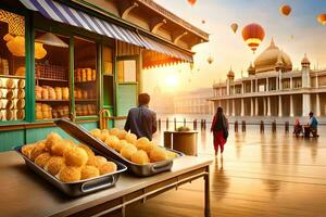 a man is standing in front of a bakery with hot air balloons flying above. AI-Generated photo