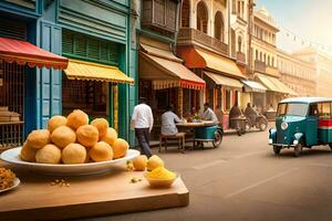 a street scene with a man driving a tuk tuk and a man walking down the street. AI-Generated photo