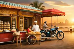 a man and woman are standing next to a food stand. AI-Generated photo