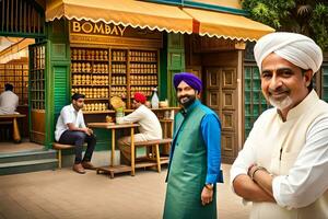 a man in a turban standing next to a shop. AI-Generated photo