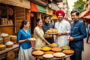 a group of people standing in front of a street vendor. AI-Generated photo