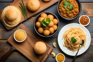 indian food on wooden table with bowls of food. AI-Generated photo