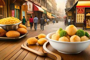 a bowl of food sitting on a table in front of a street. AI-Generated photo