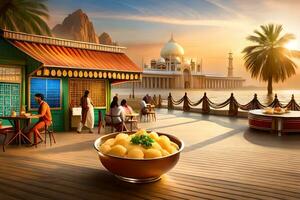 a bowl of food is sitting on a table in front of a mosque. AI-Generated photo