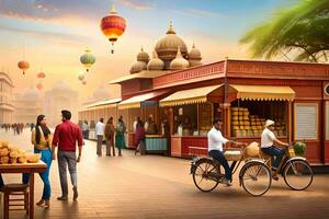 a man and woman are walking down the street near a food stand. AI-Generated photo
