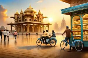 people riding bicycles in front of a building with a golden dome. AI-Generated photo