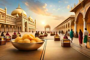 a bowl of chips is sitting on a table in front of a building. AI-Generated photo