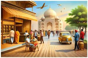 a painting of people walking around the street near the taj mahal. AI-Generated photo