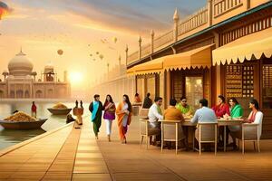 a group of people sitting at a table in front of a building. AI-Generated photo
