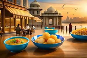 indian food in bowls on a table in front of a building. AI-Generated photo