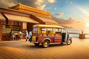 a vintage bus parked on the beach at sunset. AI-Generated photo