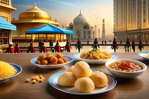 a table with bowls of food and a view of the taj mahal. AI-Generated photo