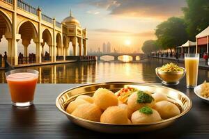 indian food in a gold plate on a table with a bridge in the background. AI-Generated photo
