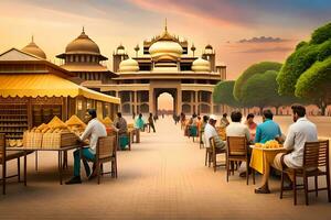 a scene of people eating at a restaurant in front of a palace. AI-Generated photo